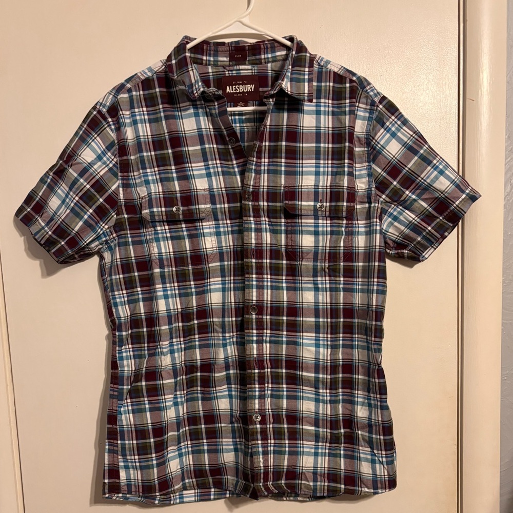 Alesbury Men Shirt Small Slim Multicolor Plaid Button Up Stitch Fix Short Sleeve